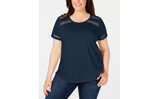  Womens Plus Crochet Trim Short Sleeve T-Shirt, 1X, Yellow