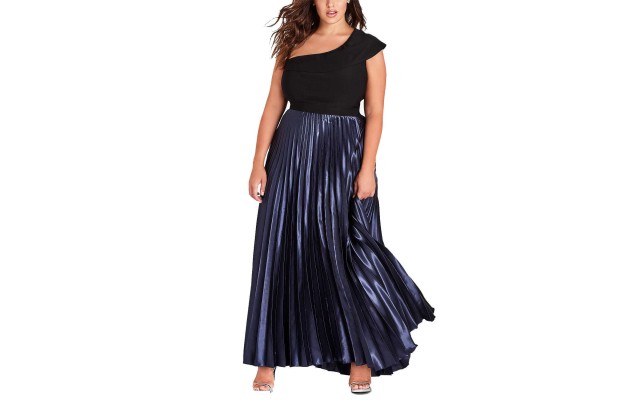 Plus Rosa One-Shoulder Pleated Maxi Dress (Black/Smoke Blue, 16)