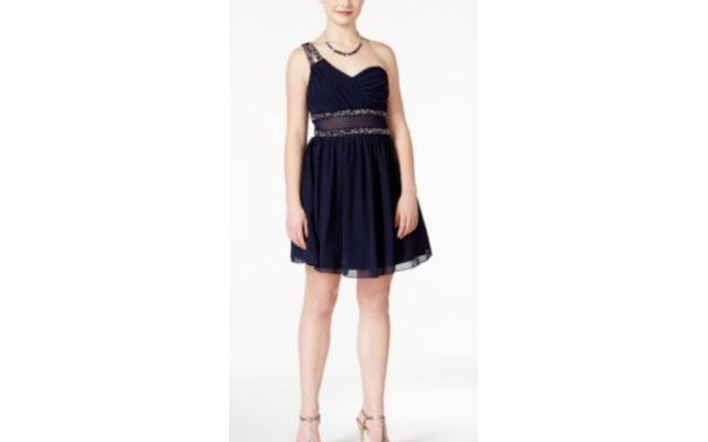 s Junior’s Embellished Illusion Fit & Flare Dress (Navy, 1)