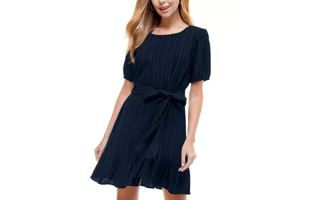 s Juniors’ Fit & Flare Crinkle Dress, Navy/M