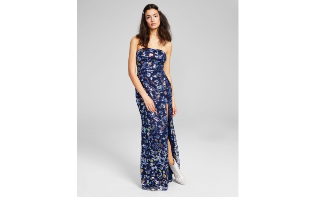 s Womens Juniors’ Embellished Strapless Gown, Navy/17