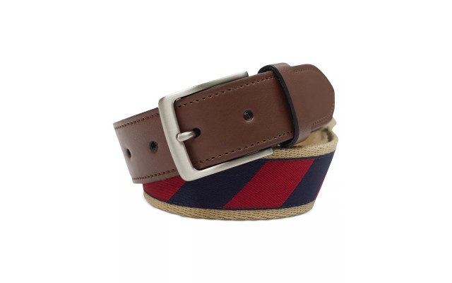  Men’s Canvas Ribbon Overlay Belt with Faux-Leather Trim, Navy, M