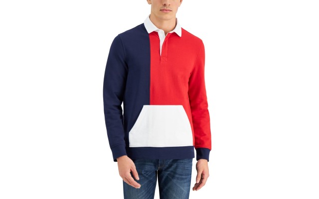  Men’s Colorblocked Rugby Shirt, Red, S