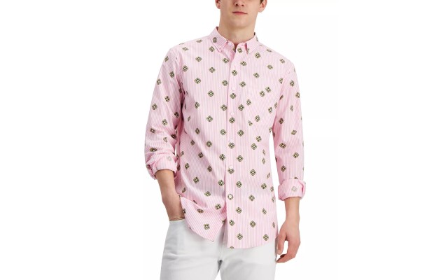  Men’s Crest-Print Shirt, Pink, Medium