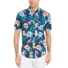Club Room Men’s Dot Floral Tropical Print Short Sleeve Shirt, Navy Combo, Medium