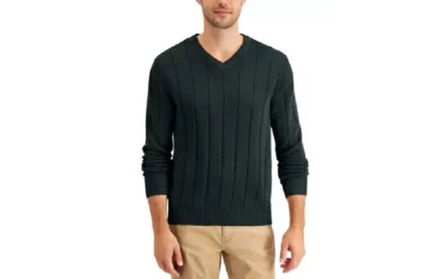  Men’s Drop-Needle V-Neck Cotton Sweater, Green, XX-Large