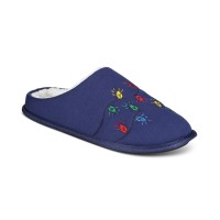 Club Room Mens Faux Fur Lined Embroidered Slide Slippers, Navy, Medium