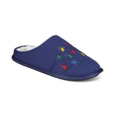 Club Room Mens Faux Fur Lined Embroidered Slide Slippers, Navy, Medium