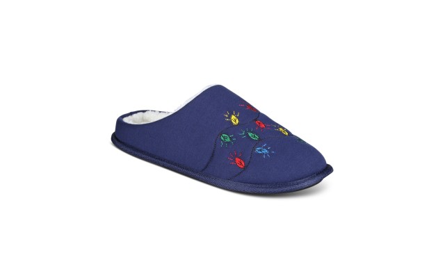  Mens Faux Fur Lined Embroidered Slide Slippers, Navy, Small