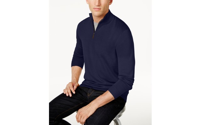  Men’s Quarter-Zip Merino Wool Blend Sweater (Navy, S)