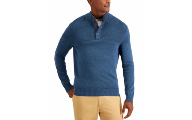  Men’s Ribbed Four-Button Sweater, Blue, X-Large