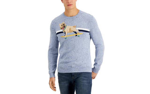 Men’s Skateboard Dog Sweater, Blue Heather, X-Large