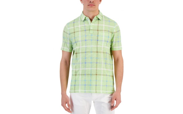  Men’s Textured Windowpane Check Pocket Polo Shirt, Mint Green, Medium
