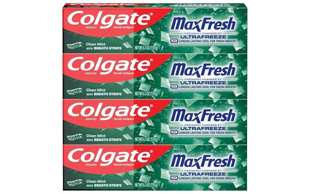  Max Fresh Whitening Toothpaste with Mini Strips, Clean Mint Toothpaste for Bad Breath, Helps Fight Cavities, 6.3 Ounce (4 pk)