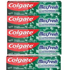 Colgate Max Fresh with Whitening Toothpaste with Mini Breath Strips, Clean Mint Toothpaste for Bad Breath, 6.3 Oz Tube. 5 Pack