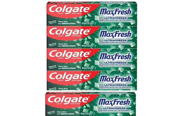  Max Fresh with Whitening Toothpaste with Mini Breath Strips, Clean Mint Toothpaste for Bad Breath, 6.3 Oz Tube. 5 Pack