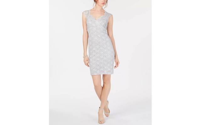  Womens Lace Sweetheart Sheath Dress, Silver/16