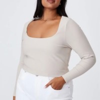 Cotton On Curve Quinn Square Neck Long Sleeve Top, Taupe, 12