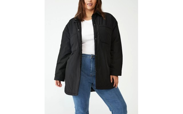  Trendy Plus Size Puffer Shacket Jacket, Black, 20W/22W