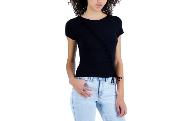  Juniors’ Asymmetric Lace-Up Top, Black, Medium