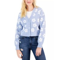 Crave Fame Juniors’ Balloon-Sleeve Eyelash Flower Cardigan, Light Blue Combo, XS