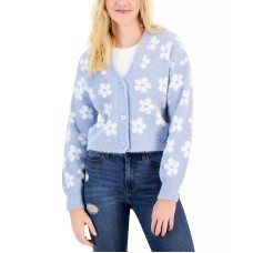 Crave Fame Juniors’ Balloon-Sleeve Eyelash Flower Cardigan, Light Blue Combo, XS