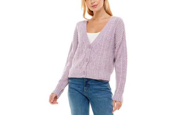  Juniors’ Cable-Knit Cardigan, Lilac/L