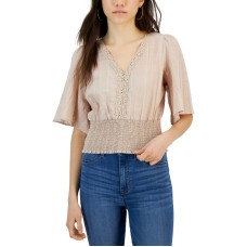 Crave Fame Juniors’ Crochet-Trim Tie-Back Top, Beige, Large