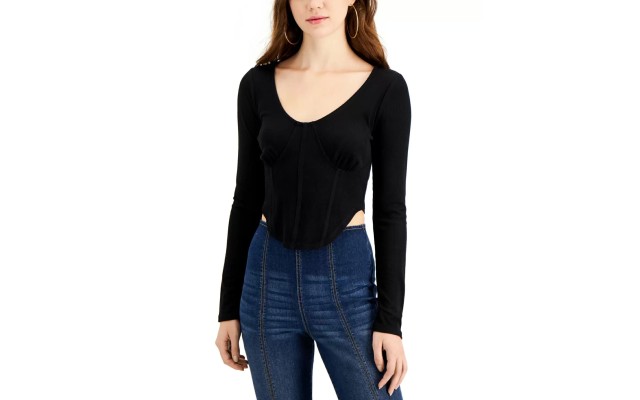  Juniors’ Cropped Corset-Waist Top, Black/L
