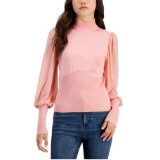 Crave Fame Juniors’ Mock Neck Mixed-Media Sweater, Pink, Medium