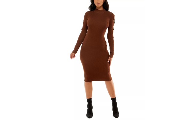  Juniors’ Ribbed Cutout Mock-Neck Midi Sweater Dress, Brown