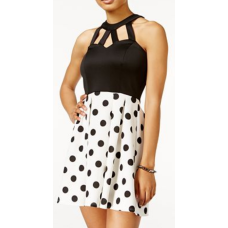 Crystal Doll Juniors’ Cutout Polka-Dot Fit & Flare Dress (Black/White, 11)