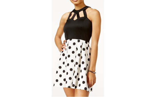  Juniors’ Cutout Polka-Dot Fit & Flare Dress (Black/White, 11)