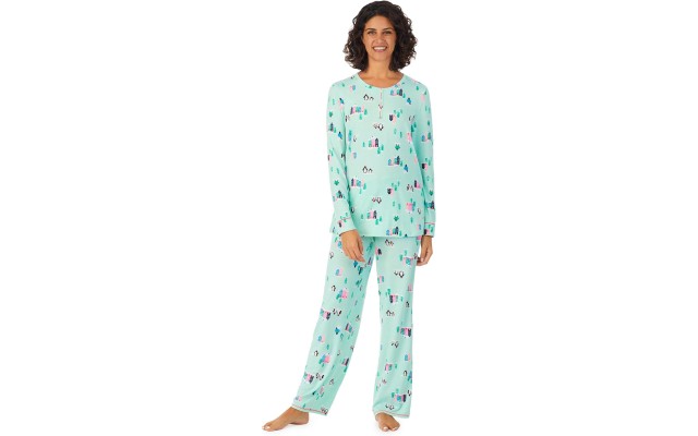  Brushed Sweater Knit Long Sleeve Henley Top 2-Pc Pajama Set, Blue, Large