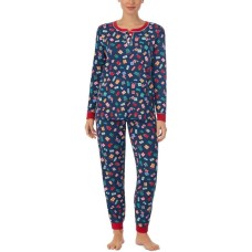 Cuddl Duds Women’s 2-Pc. Brushed Sweater Knit Printed Jogger Pajamas Set (Blue Multi, X-Large)
