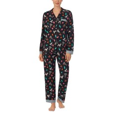Cuddl Duds Women’s 2-Pc. Printed Notched-Collar Pajamas Set, Black, Large