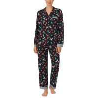 Cuddl Duds Women’s 2-Pc. Printed Notched-Collar Pajamas Set, Black, Large
