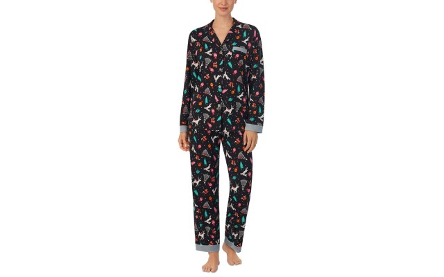  Women’s 2-Pc. Printed Notched-Collar Pajamas Set, Black, Large