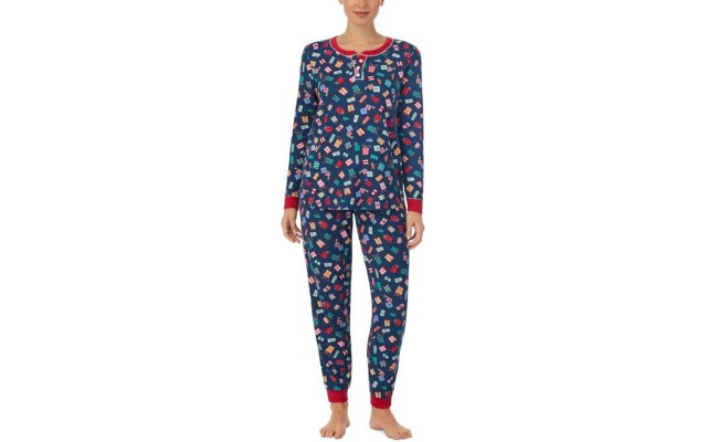  Women’s Long Sleeve Sweater Knit Pajama Set, Navy,Large