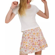 Derek Heart Juniors’ Lace-Trim Scoop Neck Ribbed Knit T-Shirt, White, Large