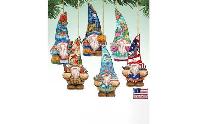  6 Piece Holidays Dwarfs Gnomes Wood Ornaments Set, Multi