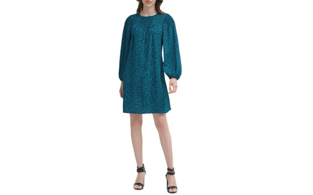  Womens Smocked Floral Long Sleeve Round Neck Short Evening Shift Dress, Dark Green/2