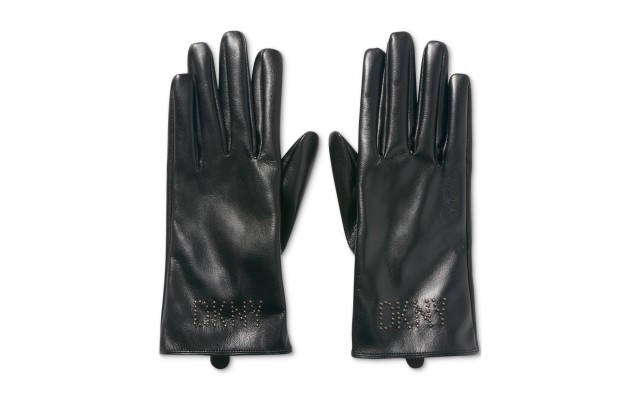  Women’s Studded Logo Faux-Leather Gloves – Black, M