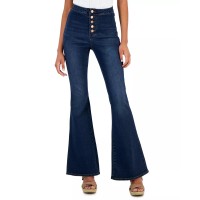 Dollhouse Juniors’ High-Rise Button-Fly Flare Jeans, Navy, 1