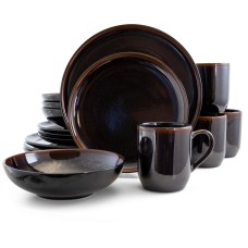 Elama Midnight Beach 16 Piece Round Stoneware Dinnerware Set in Metallic Black