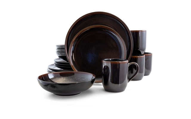  Midnight Beach 16 Piece Round Stoneware Dinnerware Set in Metallic Black