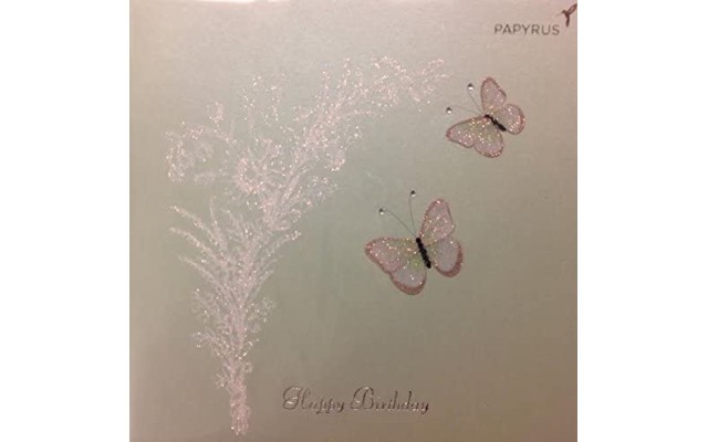 Elegant  Happy Birthday Card – Glitter Embellished Butterflies – Square Green Envelope, 6 x 6 x 0.1