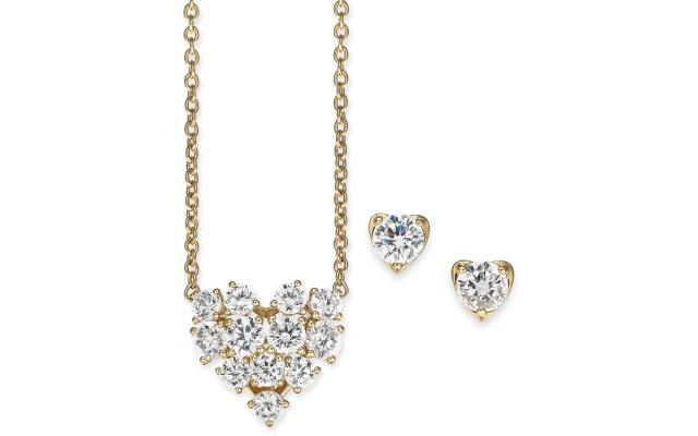  Crystal Heart Pendant Necklace & Stud Earrings Set (Silver)