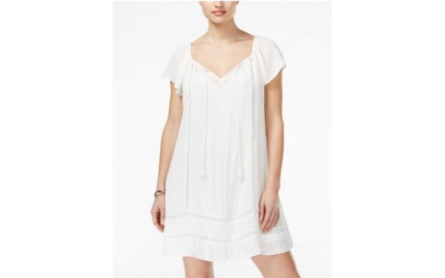  Juniors’ Tassel-Tie Crochet-Trim Shift Dress, White, Small