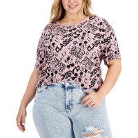 Freeze Womens Plus Size Cotton Ribbed Printed Short Sleeve Round Neck T-Shirt, Pink, 1X